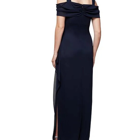 Alex Evenings- Short Sleeve Cold Shoulder Cowl Neck Side Brooch Gown - Picture 3 of 8